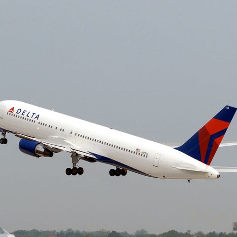 A Delta Air Lines plane taking off.