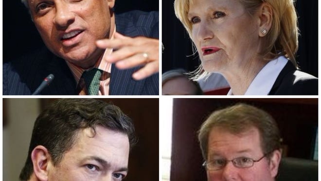 Candidates seeking election for the U.S. Senate seat vacated by former Sen. Thad Cochran (clockwise, from top left): Mike Espy, Cindy Hyde-Smith, Jason Shelton and Chris McDaniel.