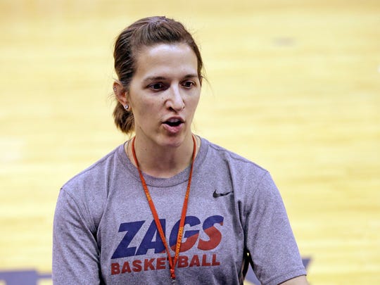 Gonzaga head coach, Lisa Fortier, speaks at a practice session the day before the NCAA first-round basketball game on Friday, March 17, 2017 in Seattle. Gonzaga will play against Oklahoma on Saturday. (AP Photo / Elaine Thompson)
