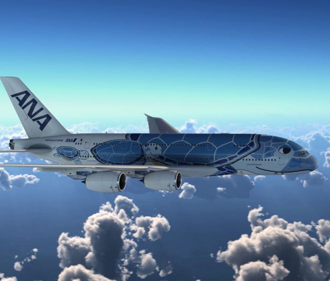 This image provided by Airbus shows the 'Flying Honu' turtle-inspired paint job that All Nippon Airways intends to use for its first Airbus A380 superjumbo jet.
