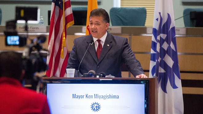 Ken Miyagishima, mayor of Las Cruces, gives the state of the city address Wednesday March 28, 2018 at Las Cruces City Hall.