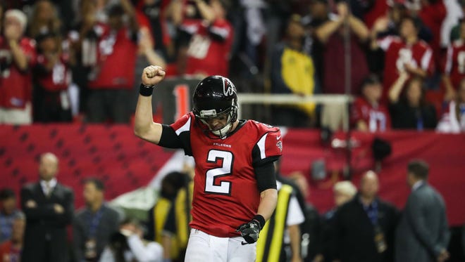 Jan 22, 2017: Atlanta Falcons quarterback Matt Ryan (2) reacts after a touchdown during the fourth quarter in the 2017 NFC Championship Game at the Georgia Dome.