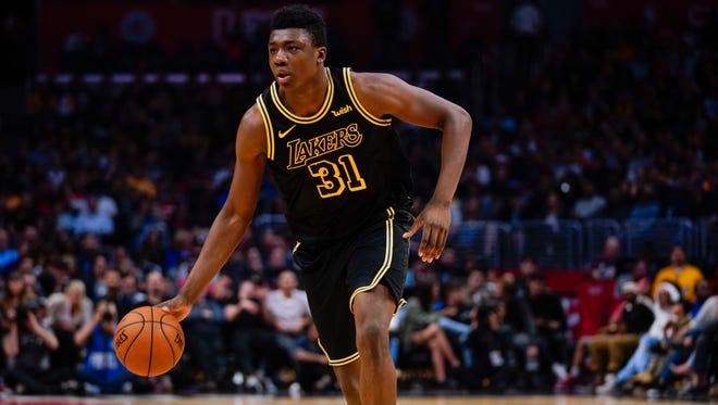 Apr 11, 2018; Los Angeles, CA, USA; Los Angeles Lakers center Thomas Bryant (31) handles the ball during the fourth quarter against the Los Angeles Clippers at Staples Center. Mandatory