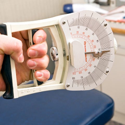 A dynamometer, a device used to test grip strength