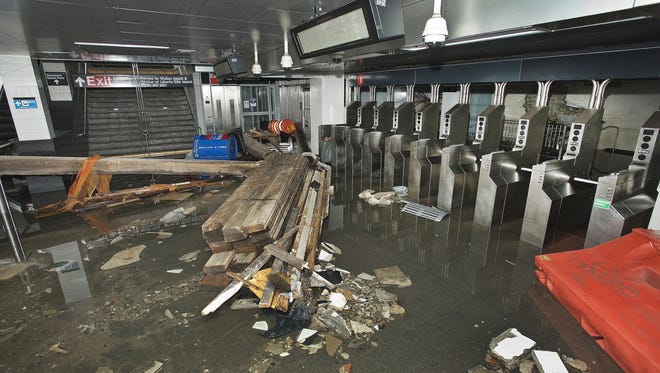 The South Ferry subway station in New York City is filled with seawater and debris from Superstorm Sandy on Oct. 30, 2012.