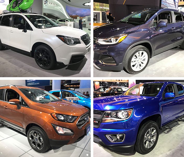 Clockwise from top, left: Subaru Forester, Chevy Trax, Chevy Colorado, Ford EcoSport