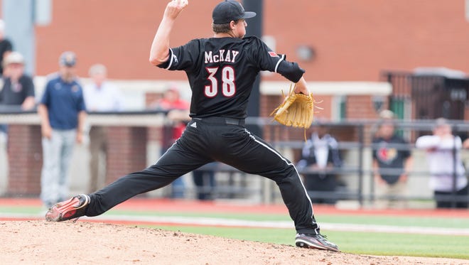 Louisville pitcher Brendan McKay pitches the ball during the college baseball game between the Louisville Cardinals and the Toledo Rockets at Jim Patterson Stadium.