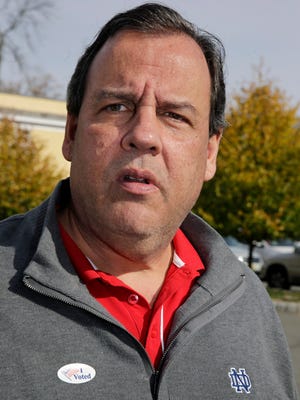 New Jersey Gov. Chris Christie wears an "I Voted" sticker after voting Nov. 4, 2014, in Mendham Township, N.J.