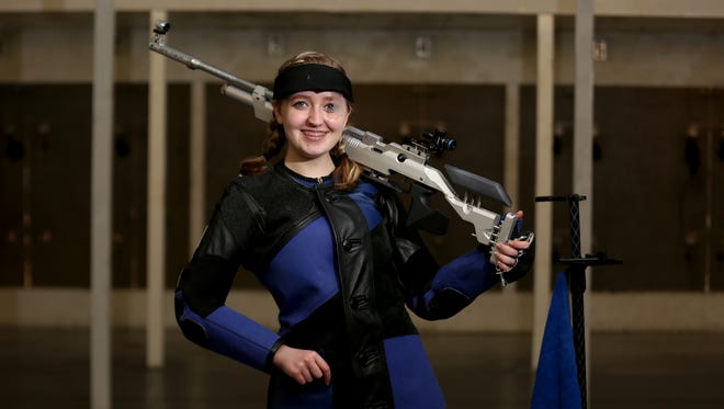 Taylor Gibson, 17, a junior at North Salem High School, will compete in the precision air rifle marksmanship competition at the Junior Olympics in Colorado on April 17-18. Photographed at the Four Corners Rod and Gun Club in Salem on Wednesday, April 11, 2018.