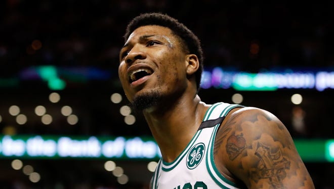 May 27, 2018: Boston Celtics guard Marcus Smart (36) reacts after a foul during the fourth quarter against the Cleveland Cavaliers in game seven of the Eastern conference finals of the 2018 NBA Playoffs at TD Garden.