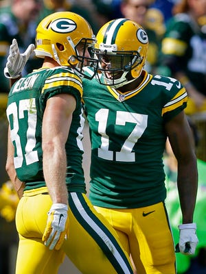 Jordy Nelson and Davante Adams (17) celebrate Nelson's touchdown in the first half during the Green Bay Packers 34-27 win over the Detroit Lions on Sept. 25, 2016.