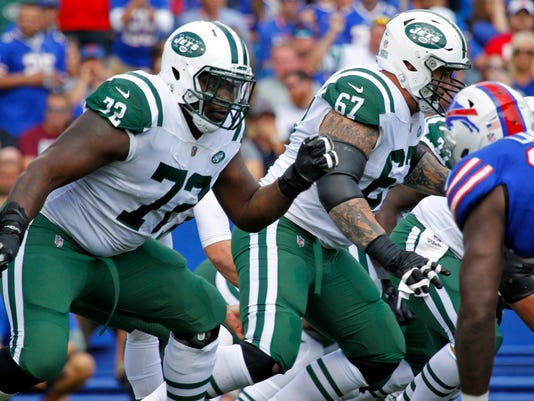 FILE - In this Sept. 10, 2017, file photo, New York Jets offensive tackle Brandon Shell (72) plays during the first half of an NFL football game against the Buffalo Bills in Orchard Park, N.Y. Shell has the difficult task of protecting the quarterback from big defensive linemen as the New York Jets' right tackle. But the toughest challenge of Shell's life has been the speech impediment he still deals with. (AP Photo/Jeffrey T. Barnes, File)