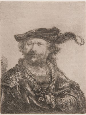 Rembrandt van Rijn's 1638 etching "Self-Portrait in Velvet Cap and Plume" is part of the Des Moines Art Center's permanent collection and on display through April 24.