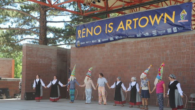 Members of the Reno Zazpiak Bat Dancers perform at the 49th annual Reno Basque Festival
