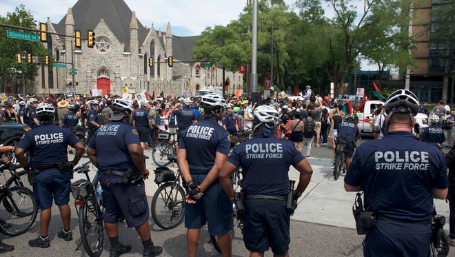 Police prepare for a Black Lives Matter march during the 2016 Democratic National Convention.