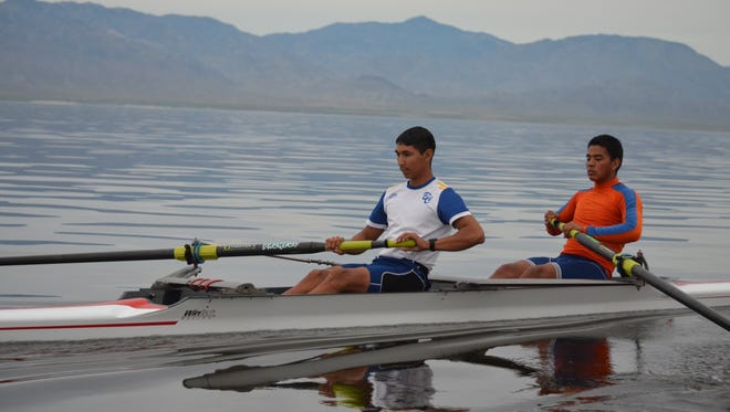 Jaime Lujano, 15, (front) and Octavio Guillen, 15, of the Baja California Rowing Team, practice their technique on the Salton Sea Thursday.