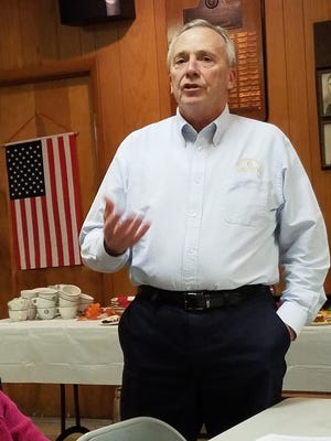 Steve Gobel, president and CEO of the First National Bank of Groton, as he speaks at a meeting of the Groton Business Association.