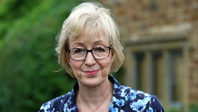 Conservative leadership contender Andrea Leadsom, issues a statement outside her home in Northamptonshire, England, after a newspaper suggested she was using her status as a mother to gain an advantage over leadership rival Theresa May, Saturday July 9, 2016. According to an interview published Saturday July 9, 2016, in The Times national newspaper, Andrea Leadsom suggested that her status as a mother means, "I have a very real stake in the future of our country", and rival Theresa May does not have children.
