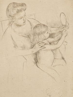 “Looking into the Hand Mirror, No. 2” by Mary Cassatt (American 1844–1926), drypoint on paper, about 1905. The print, part of the El Paso Museum of Art collection, was a gift of Gertrude A. Goodman.