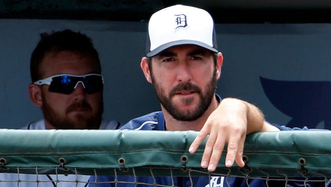 Detroit Tigers starting pitcher Justin Verlander looks on against the Houston Astros in Lakeland, Fla., on March 8, 2015.