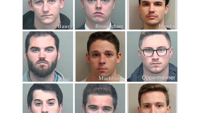 The nine men charged in connection with the hazing death of Andrew Coffey. (Top from left to right) Kyle Bauer, Brett Birmingham, Christopher Hamlin. (Middle from left to right)  Luke Klutz. Clayton Muehlstein, Anthony Oppenheimer. (Bottom from left to right) Anthony Petagine, Conner Ravelo, John Ray.
