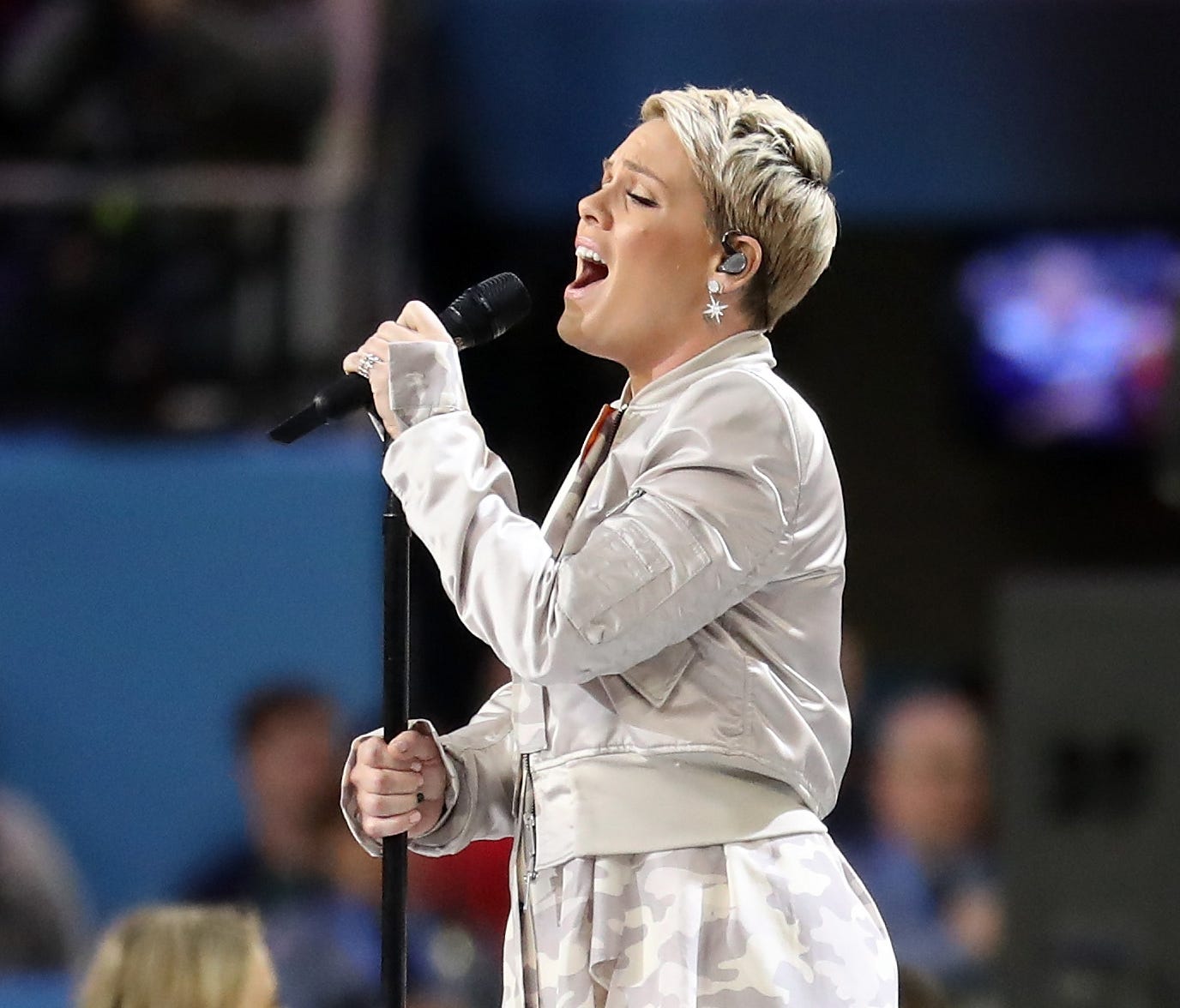 Pink sings the national anthem prior to Super Bowl LII between the New England Patriots and the Philadelphia Eagles.