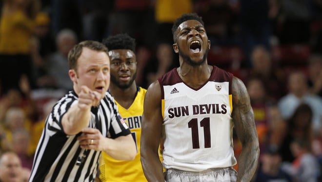 Arizona State forward Savon Goodman celebrates a call during a men's basketball game against California at Wells Fargo Arena in Tempe on Saturday, March 5, 2016.