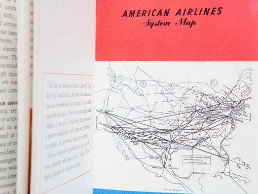A demeanour behind to American Airline's track map circa 1952,