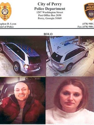 This composite document released by Perry, Ga., Police Department shows photos of Blake Fitzgerald and Brittany Nicole Harper of Joplin, Mo., who are wanted in connection with a series of robberies and kidnappings in Georgia and Alabama. (Perry Police Department via AP)