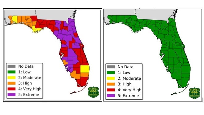Heavy rainfall across Florida has significantly improved conditions across the state. The Florida Forestry Service's "Forecast Fire Danger Indices" map showing all green, meaning the threat for brush fires is low.