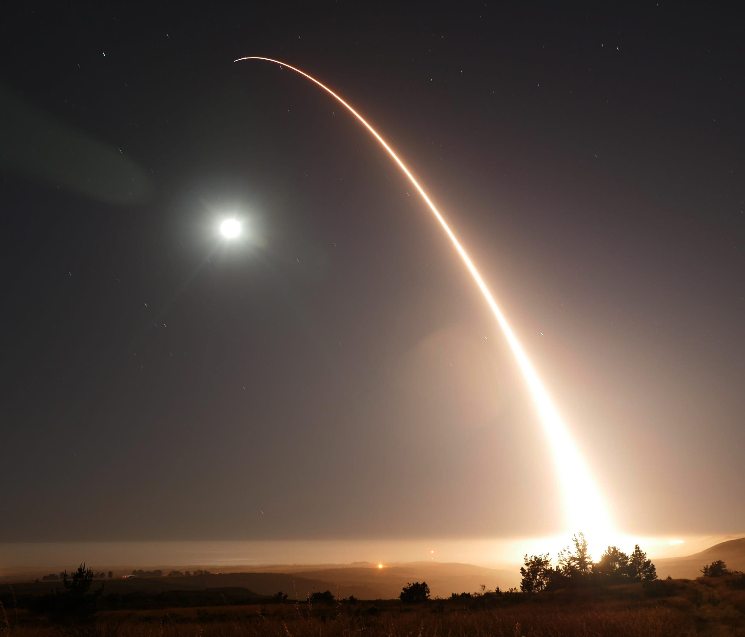 An unarmed Minuteman 3 intercontinental ballistic missile is pictured in the air during an operational test just at Vandenberg Air Force Base, Calif., back in May.