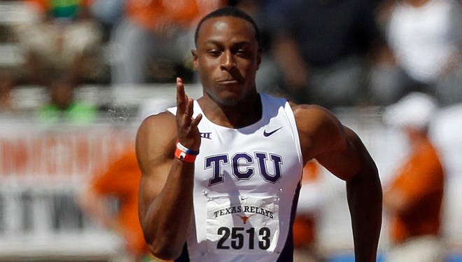 TCU's Ronnie Baker (2513) and Japan's Yoshihide Kiryu (1280) compete in the men's 100-meter dash during the Texas Relays, Saturday, April 2, 2016, in Austin, Texas. (AP Photo/Stephen Spillman)