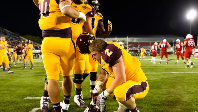 Oct 11, 2014; DeKalb, IL, USA; Central Michigan Chippewas defensive end Blake Serpa (2) reacts after the game at Huskie Stadium. Central Michigan Chippewas defeat the Northern Illinois Huskies 34-17. Mandatory Credit: Mike DiNovo-USA TODAY Sports