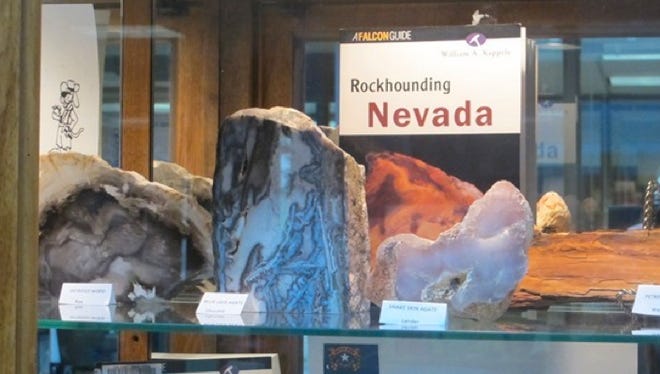 Close-up of the Mason Valley Gem and Mineral Club’s display of Nevada rocks and minerals. The display can be viewed next at the Dayton Valley Branch in Dayton.