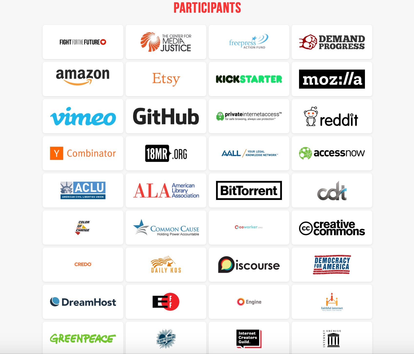 Some of the companies and organizations participating in the Battle for the Net event July 12, a day of action to show support for net neutrality.