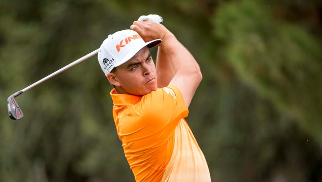 Oct. 25, 2015; Las Vegas; Rickie Fowler tees off on the eighth hole during the final round of the Shriners Hospitals for Children Open at TPC Summerlin at TPC Summerlin.