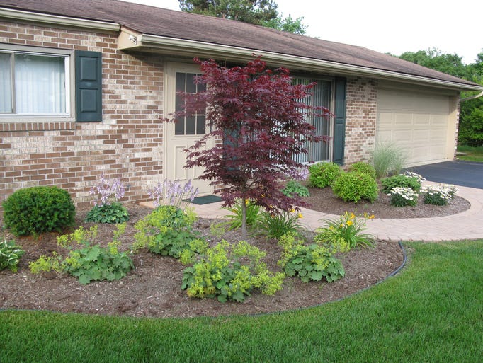 The landscaping that flanks the front door in this