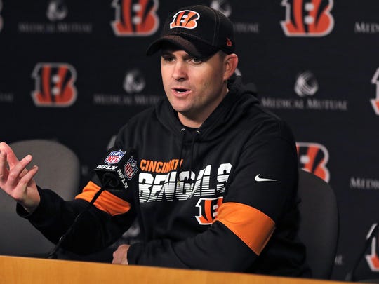 Cincinnati Bengals head coach Zac Taylor speaks during a news conference after an NFL football game against the Cleveland Browns, Sunday, Dec. 29, 2019, in Cincinnati. The Bengals won 33-23. (AP Photo/Gary Landers)