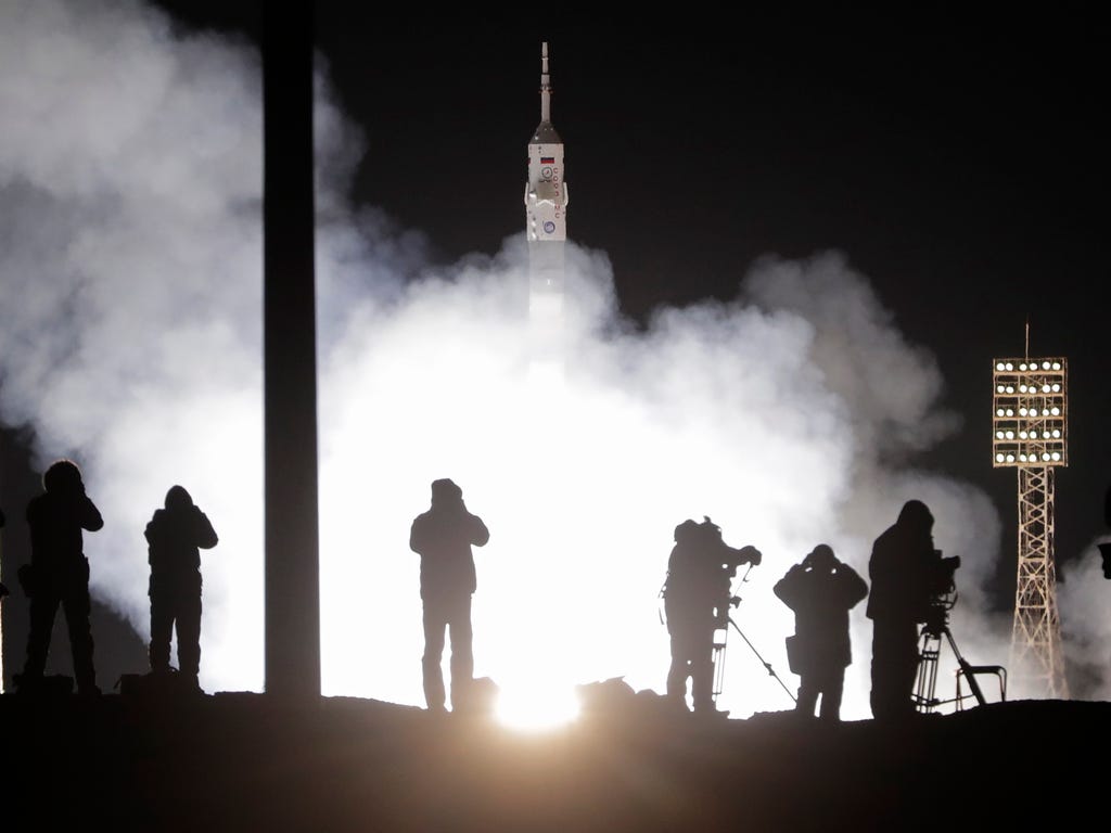 The Soyuz-FG rocket booster with Soyuz MS-03 space ship carrying a new crew to the International Space Station blasts off at the Russian leased Baikonur cosmodrome, Kazakhstan, Nov. 18, 2016. The Russian rocket carries French astronaut Thomas Pesquet