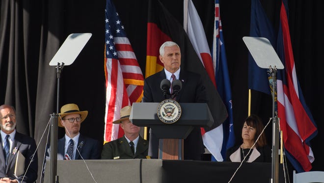 Vice President Pence speaks to visitors at the Flight 93 National Memorial on Sept. 11, 2017, in Shanksville, Pa.