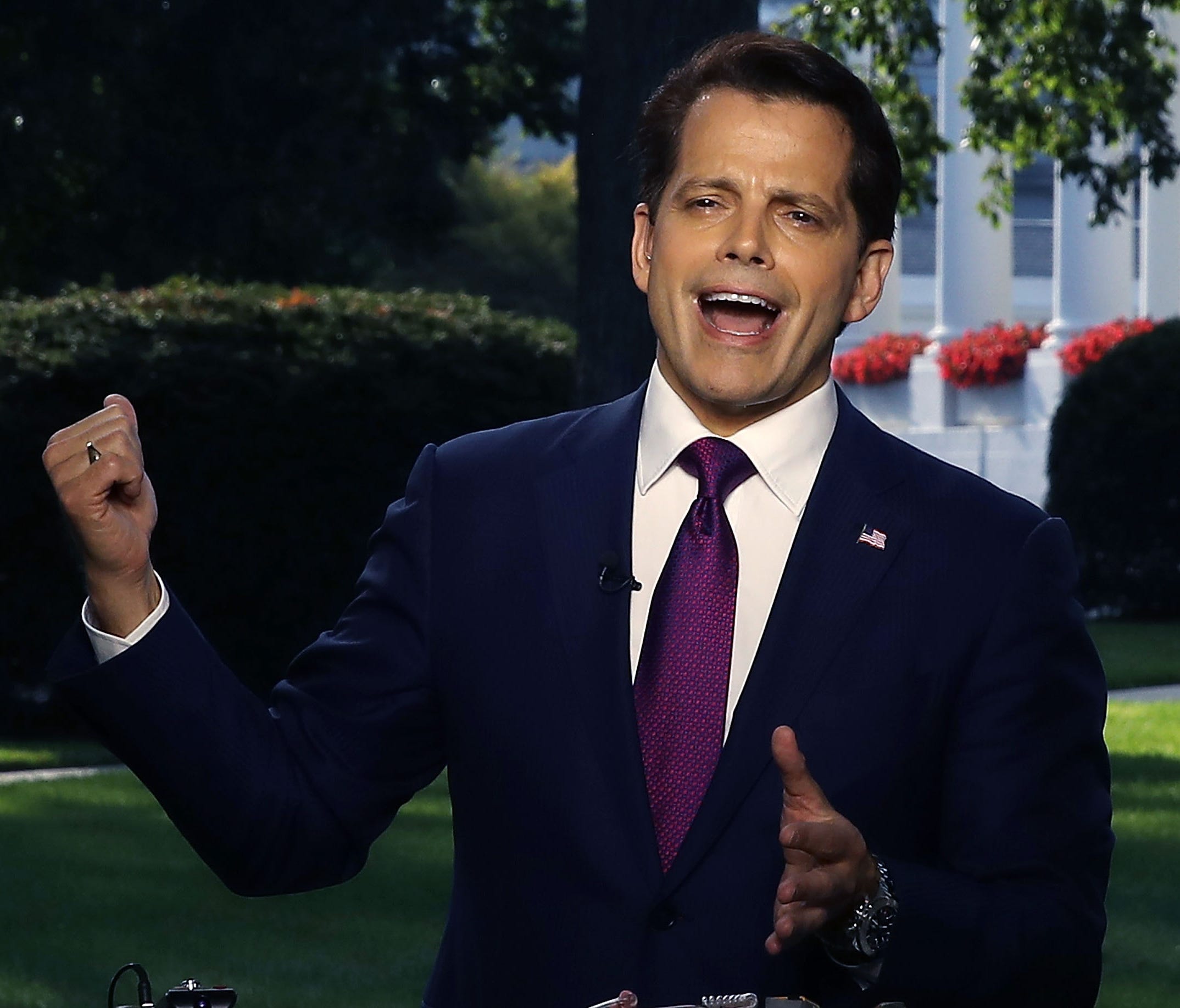 White House Communications Director Anthony Scaramucci speaks on a morning television show, from the north lawn of the White House on July 26, 2017 in Washington, D.C.  (
