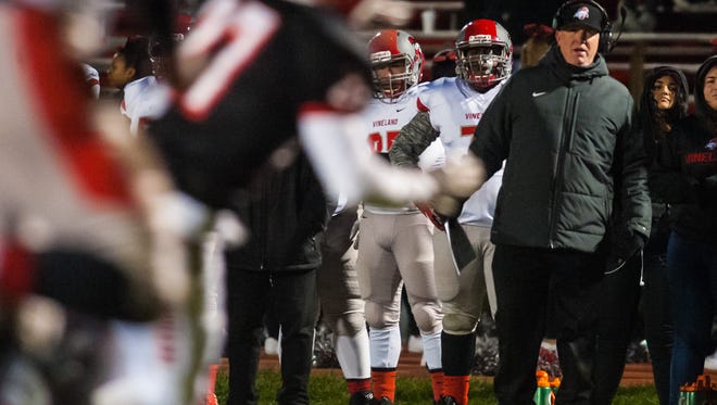 Vineland head coach Dan Russo watches from the sidelines against Lenape at Lenape Regional High School in Medford on Friday, November 10.