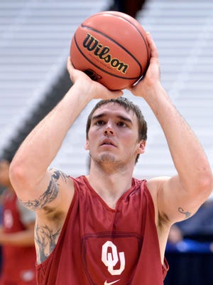 Oklahoma Sooners forward Ryan Spangler (00) shoots the ball during practice the semifinals of the midwest regional of the 2015 NCAA tournament at Carrier Dome.