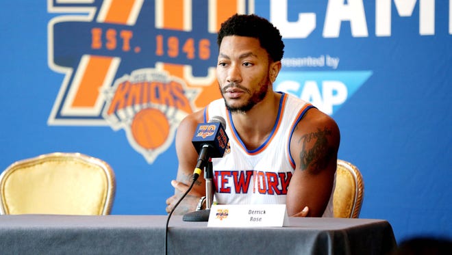 New York Knicks point guard Derrick Rose addresses the media during the New York Knicks Media Day at Ritz-Carlton.