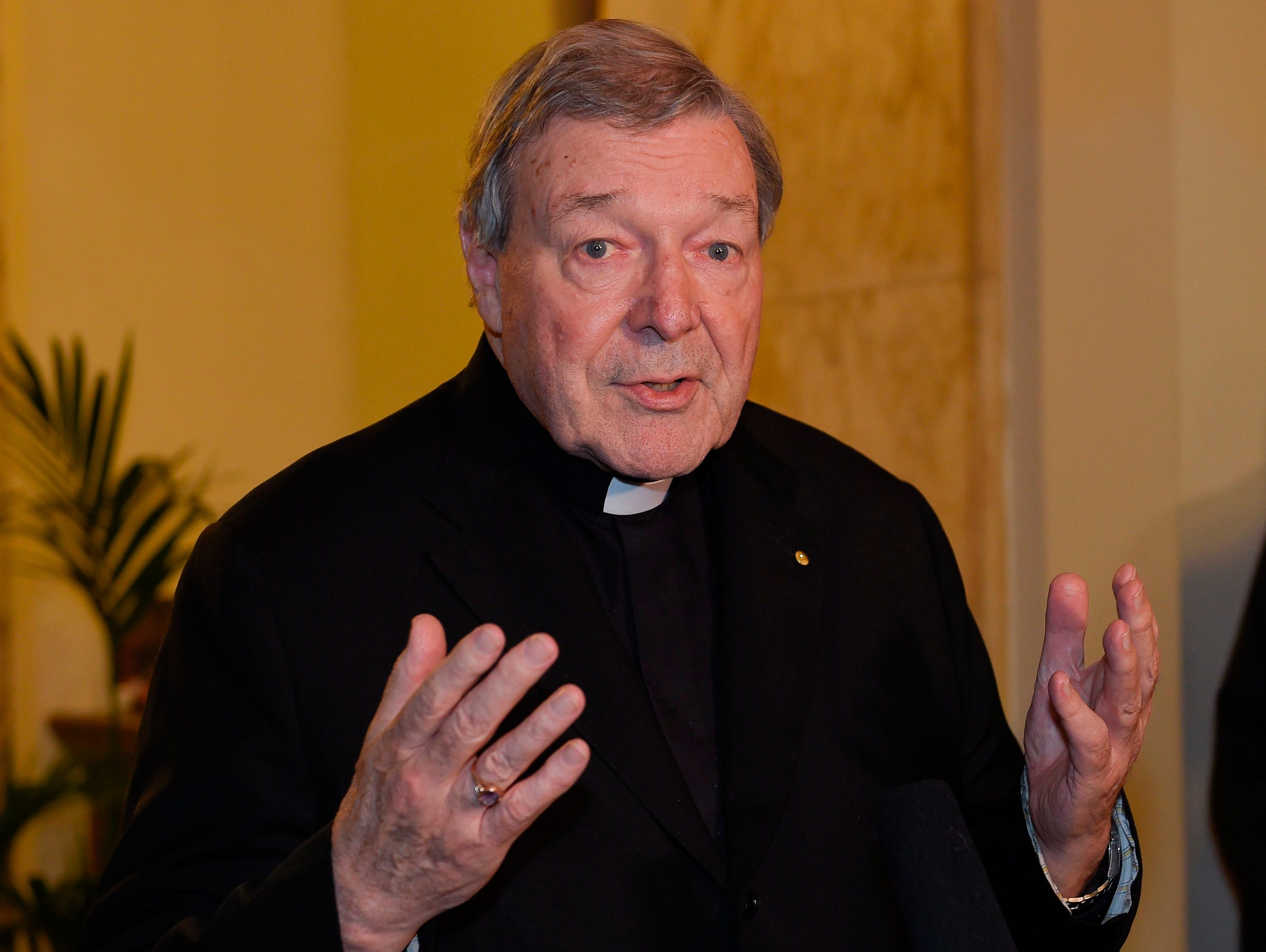 Vatican finance chief Cardinal George Pell is pictured speaking at the Quirinale hotel in Rome on March 3, 2016.