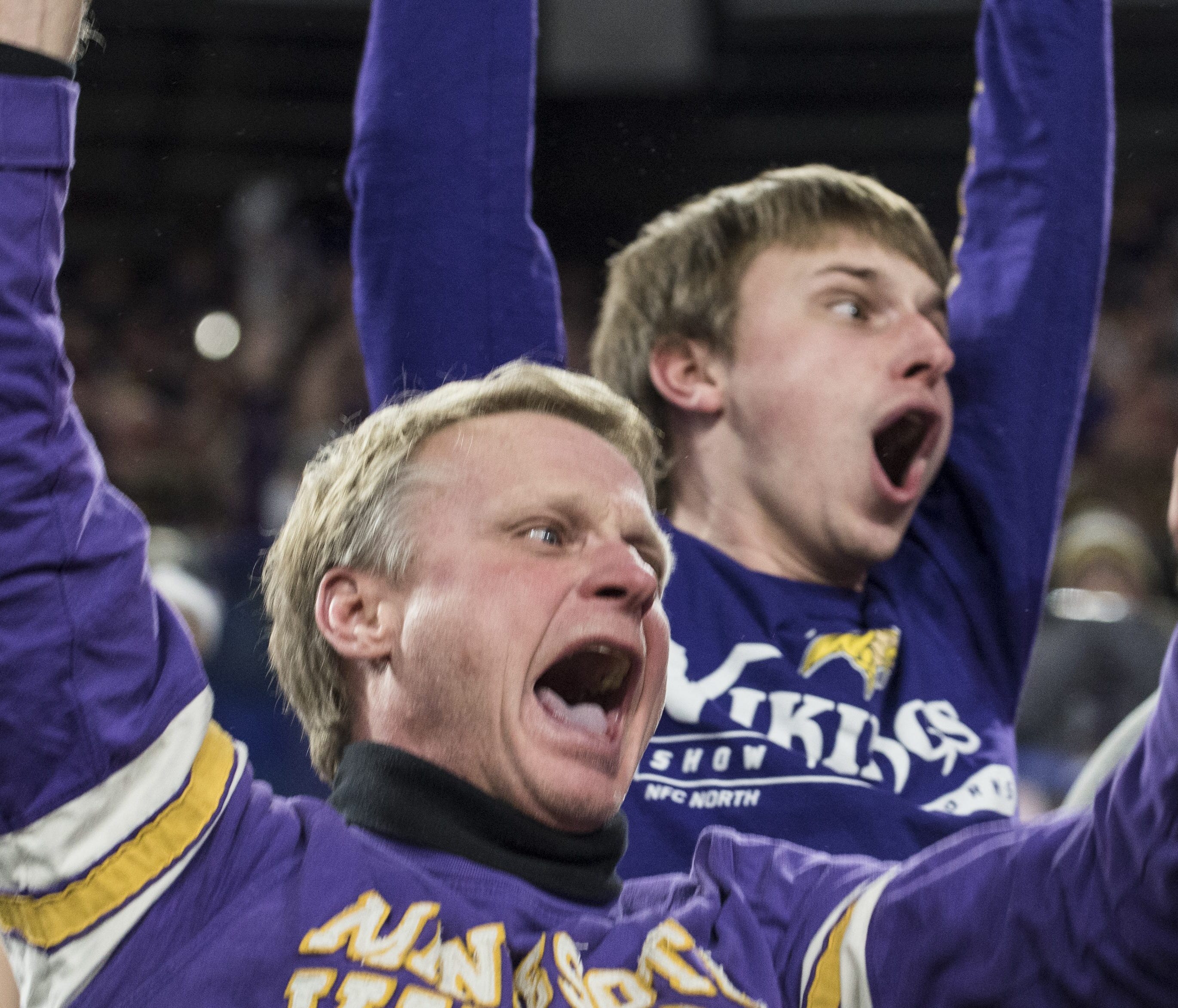 MINNEAPOLIS, MN - JANUARY 14: Fans react after Stefon Diggs #14 of the Minnesota Vikings scored a 61 yard touchdown at the end of the fourth quarter of the NFC Divisional Playoff game against the New Orleans Saints on January 14, 2018 at U.S. Bank St