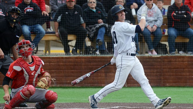 Patrick O'Donnell bats for Augie as they play St. Cloud State Friday in the NSIC baseball tournament at Augie, May 8, 2015.
