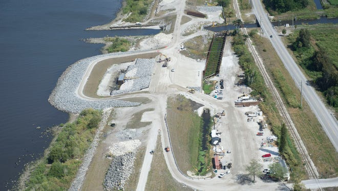 Construction on Herbert Hoover Dike Culvert 11 is seen on an aerial tour of South Florida Water Management District projects March 24, 2017 near Lake Okeechobee. 