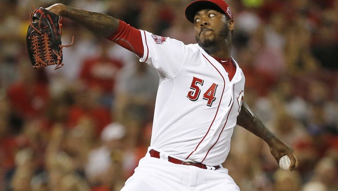 Cincinnati Reds relief pitcher Aroldis Chapman (54) delivers in the ninth inning during the MLB game between the Cincinnati Reds and Pittsburgh Pirates, Saturday, Aug. 1, 2015, at Great American Ball Park in Cincinnati, Ohio.