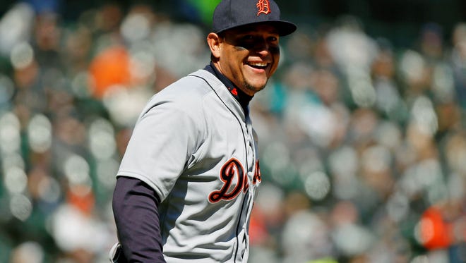 Miguel Cabrera #24 of the Detroit Tigers smiles after making an out against the Chicago White Sox during the fourth inning at Guaranteed Rate Field on April 7, 2018 in Chicago, Illinois. The Detroit Tigers won 6-1.